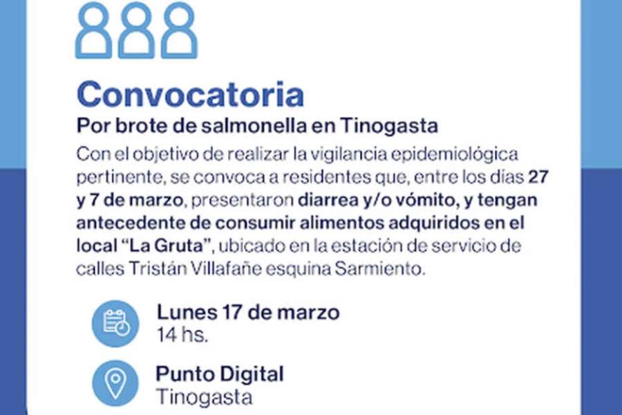 Brote de salmonella en Tinogasta: Salud convoca a afectados a presentarse el 17 de marzo